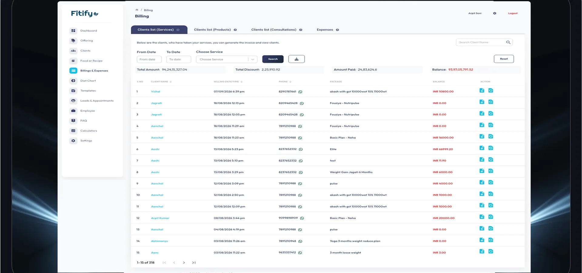 Fitify billing and expenses dashboard