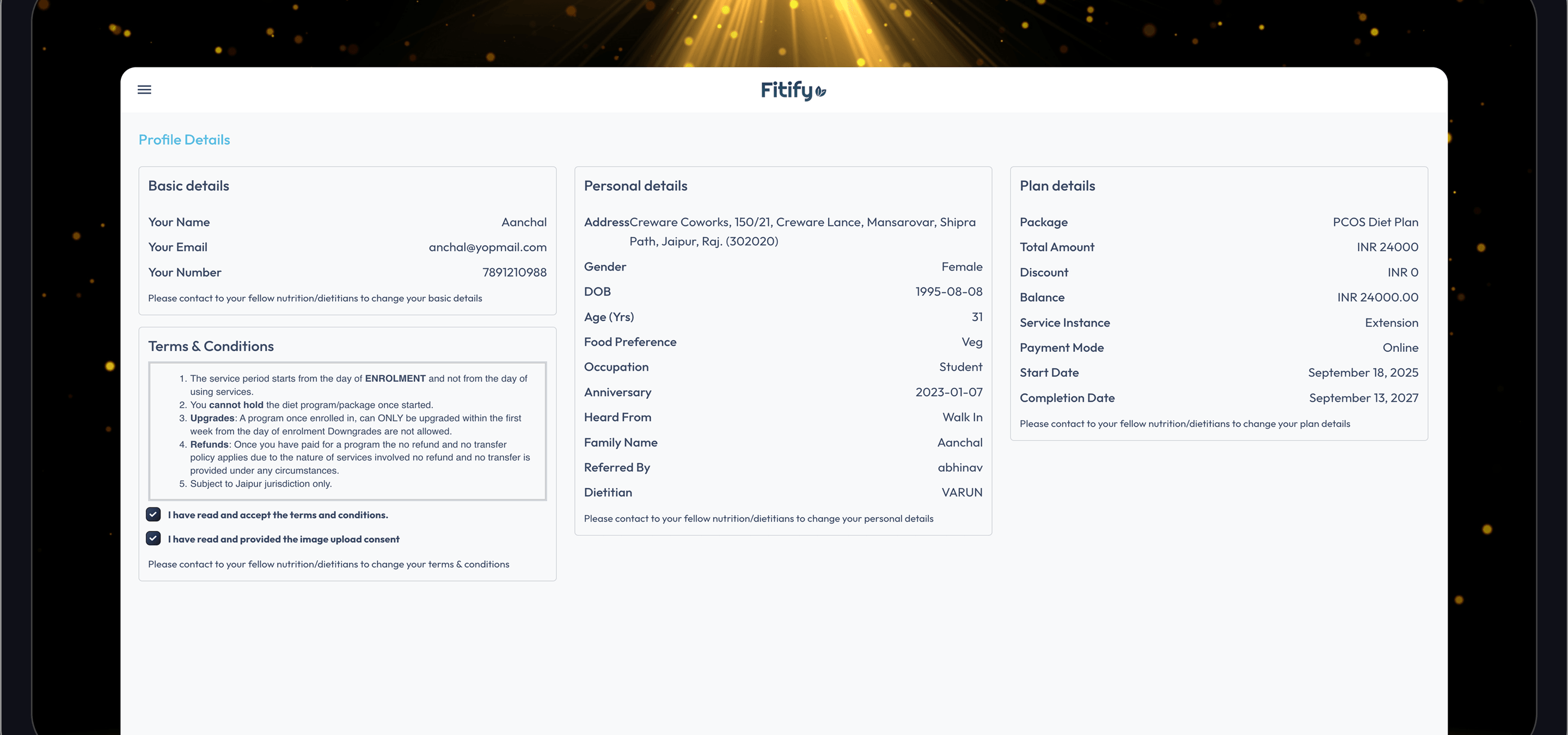 Fitify client profile details and enrollment view
