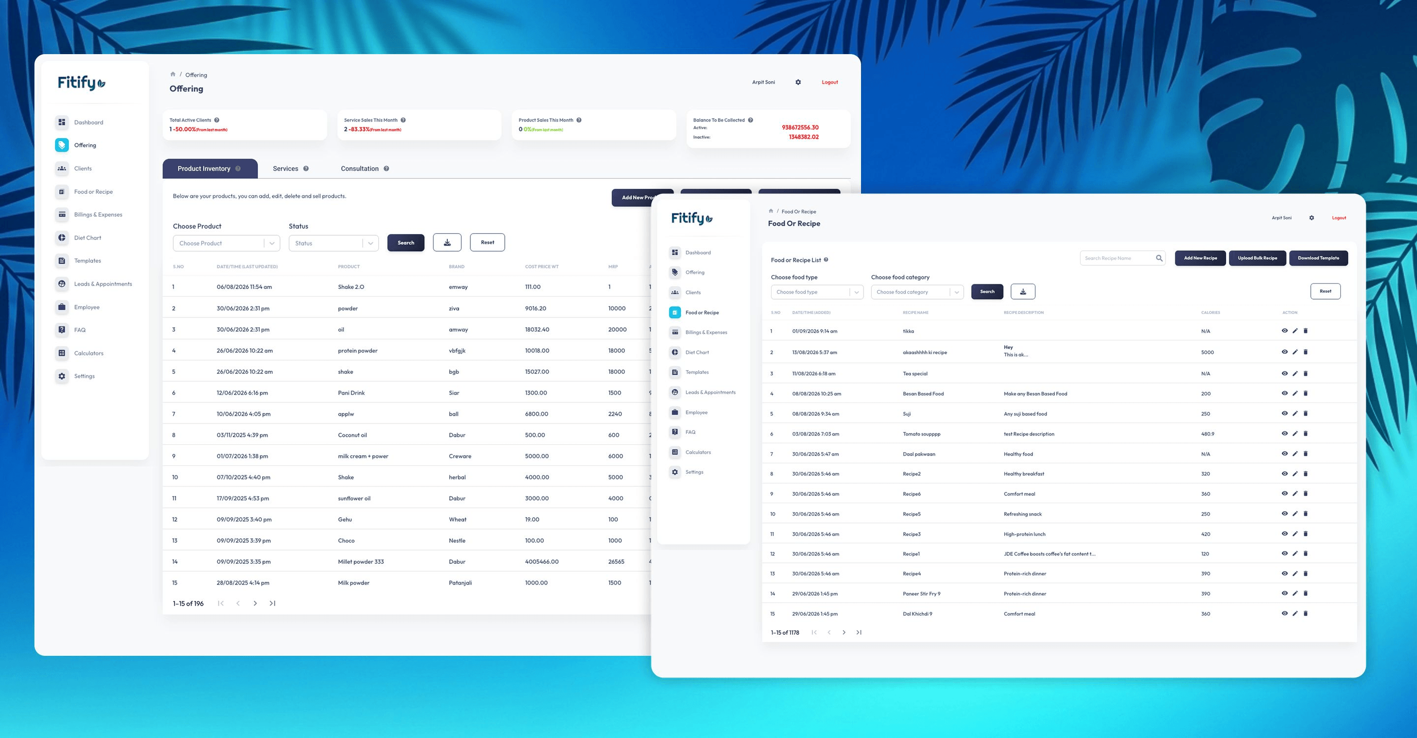 Fitify clinic offerings and recipe management showcase