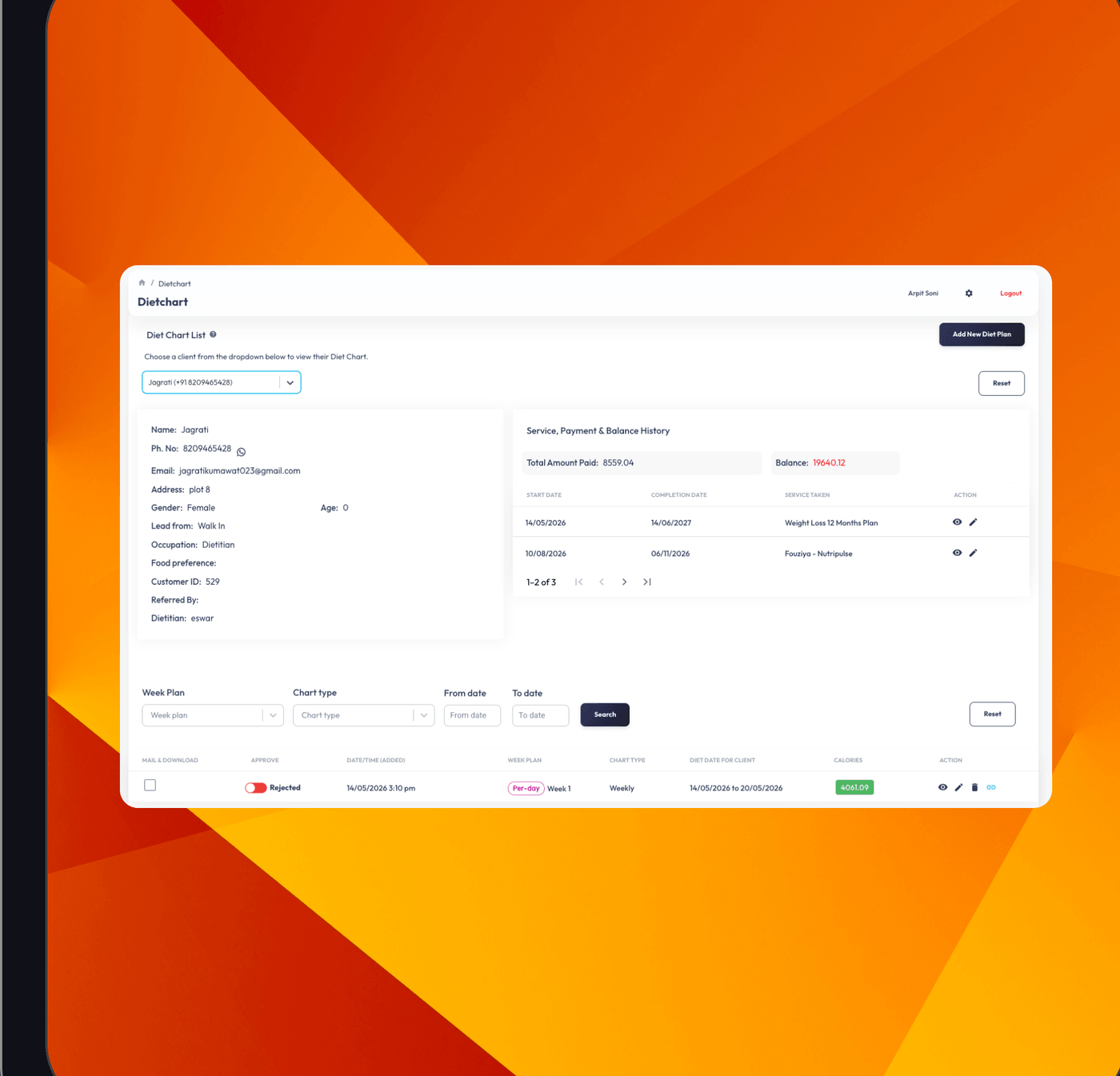 Fitify diet chart list and client history