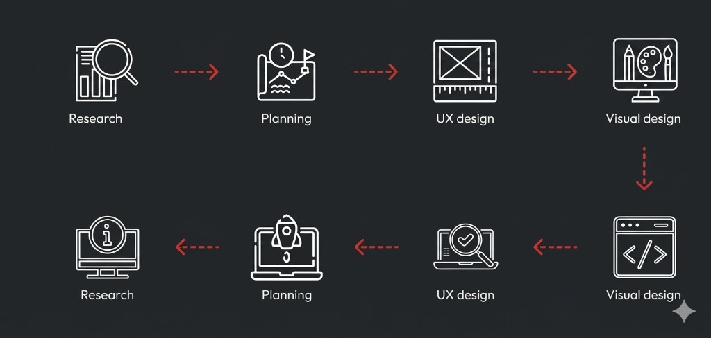 Creware Technologies UI and UX design process: Research, Planning, UX design, Visual design, development, testing, launch, and support.